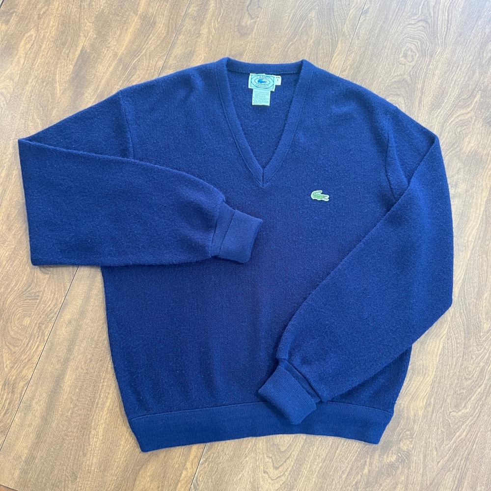 Vintage 80s Izod Lacoste Mens V-Neck Pullover Knit Sweater Navy Blue Large